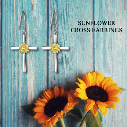 Sunflower Earrings Sterling Silver Cross Dangle Drop Hooks Earrings Sunflower Flower Jewelry Gifts for Women Teens Birthday-Jewearrings