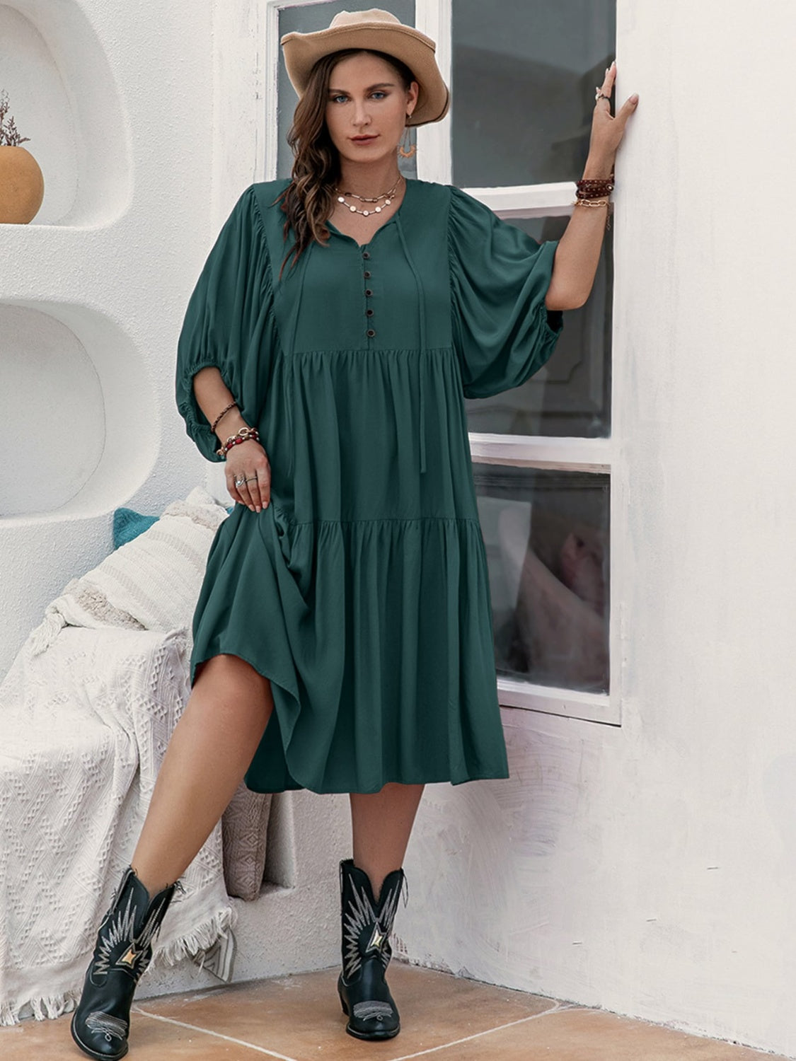 Plus Size Tie Neck Balloon Sleeve Midi Dress-Jewearrings