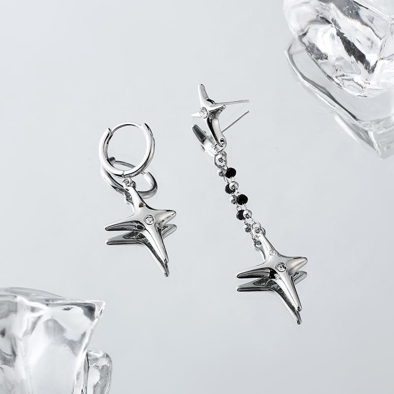 Female Minority Design Asymmetric Four Star Silver Needle Earrings-Jewearrings