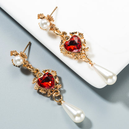 Vintage Earrings Heart Water Drops Pearl Long Earrings-Jewearrings