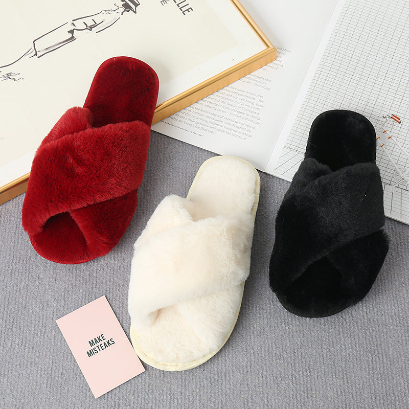 Faux Fur Crisscross Strap Slippers-Jewearrings