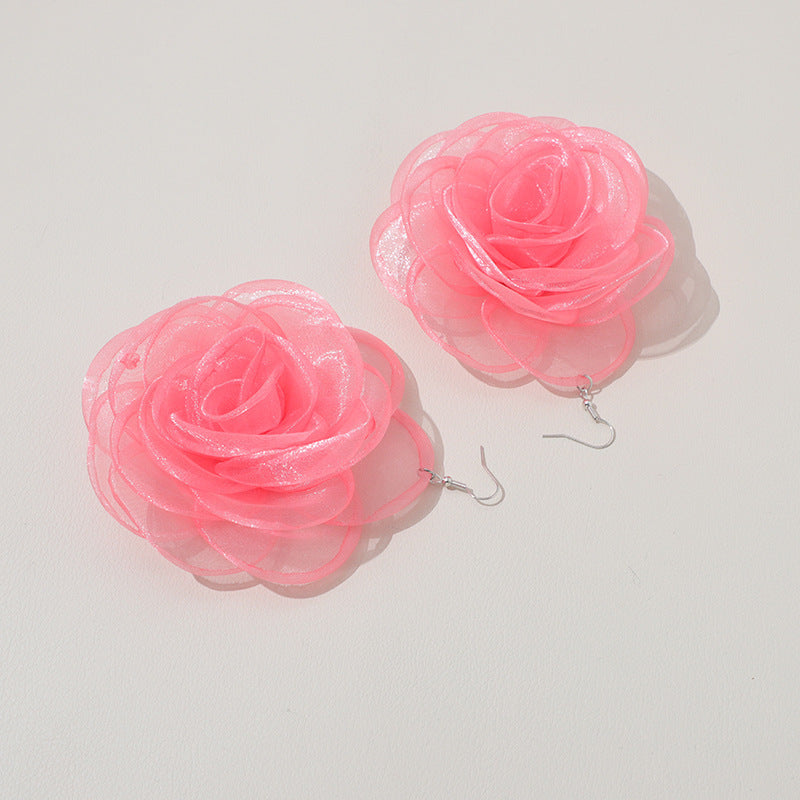 Chiffon Retro Three-dimensional Advanced Rose Camellia Stud Earrings-Jewearrings