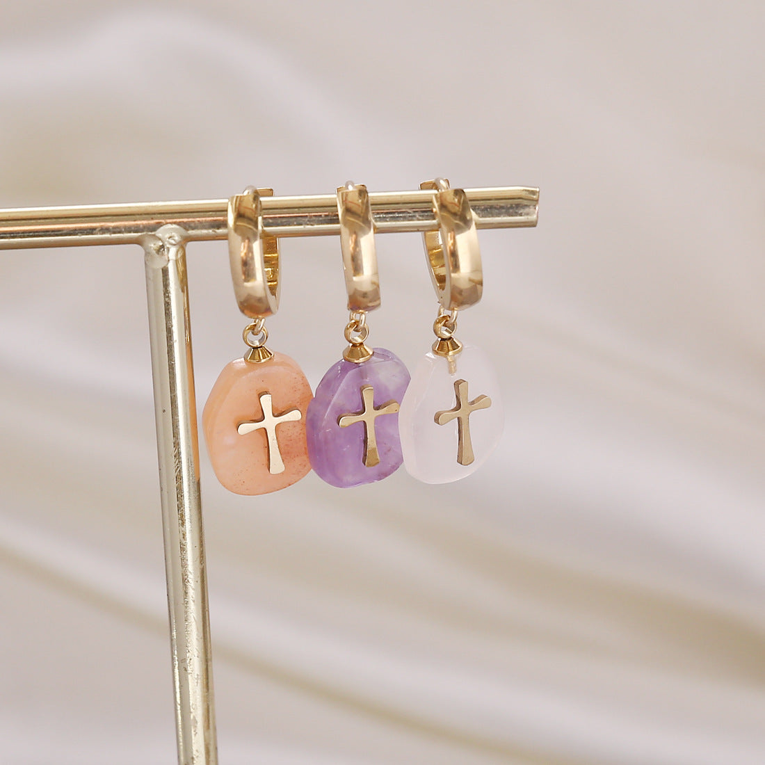 Natural Stone Cross Earrings Female Personality-Jewearrings