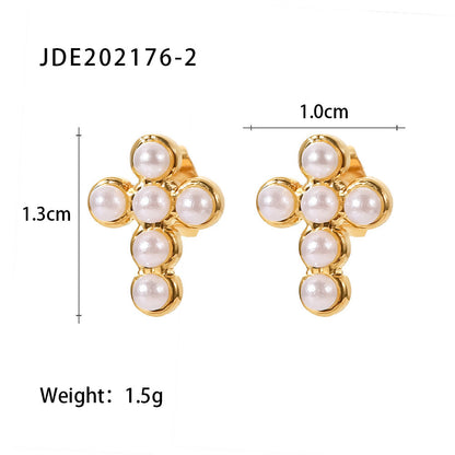 Stainless Steel Earrings With DiamondsPearl Cross Stud Earrings-Jewearrings