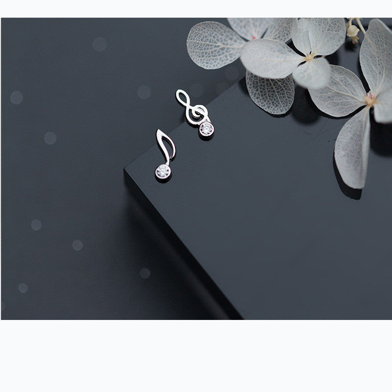 S925 Silver Musical Note Earrings Female Korean Sweet Asymmetrical Earrings With Diamonds-Jewearrings