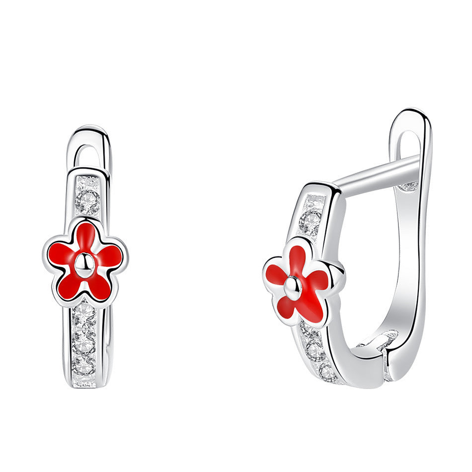 S925 Sterling Silver Drop Oil Red Flower Earrings For Children-Jewearrings