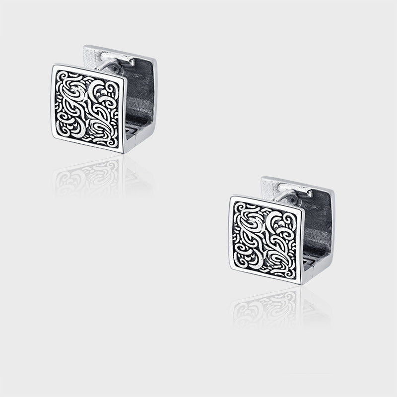 Sterling Silver Retro Thai Silver National Style Auspicious Cloud Matte Frosted Square Versatile Simple Earrings-Jewearrings