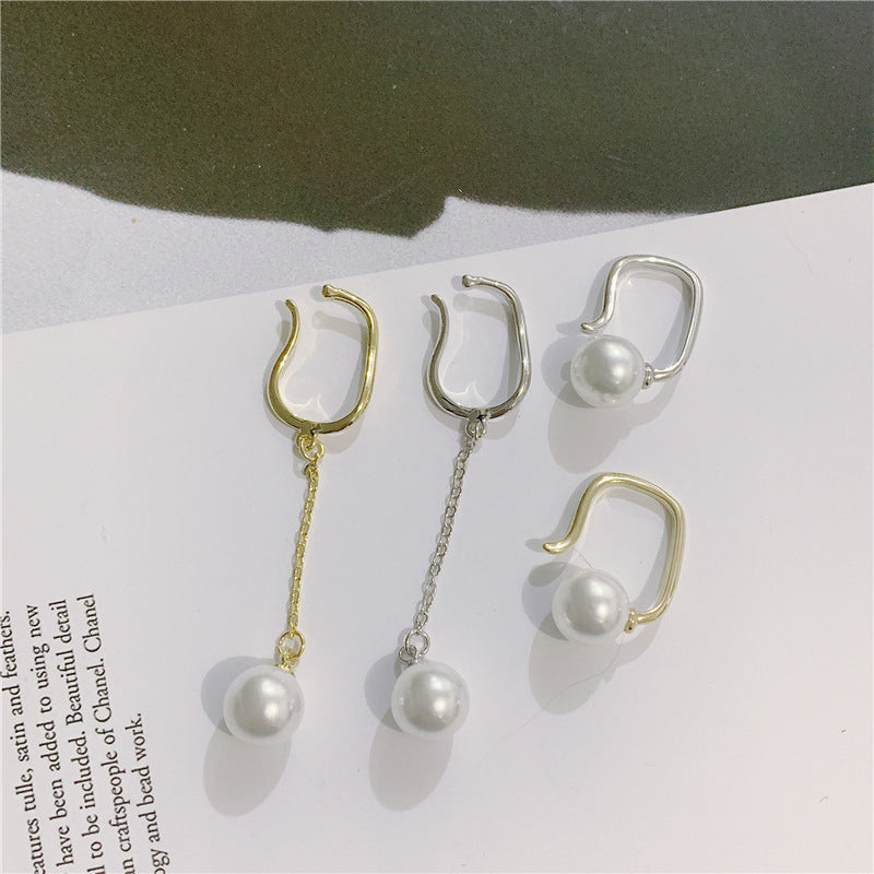 Non-pierced Female Pearl Tassel Asymmetric Stud Earrings-Jewearrings