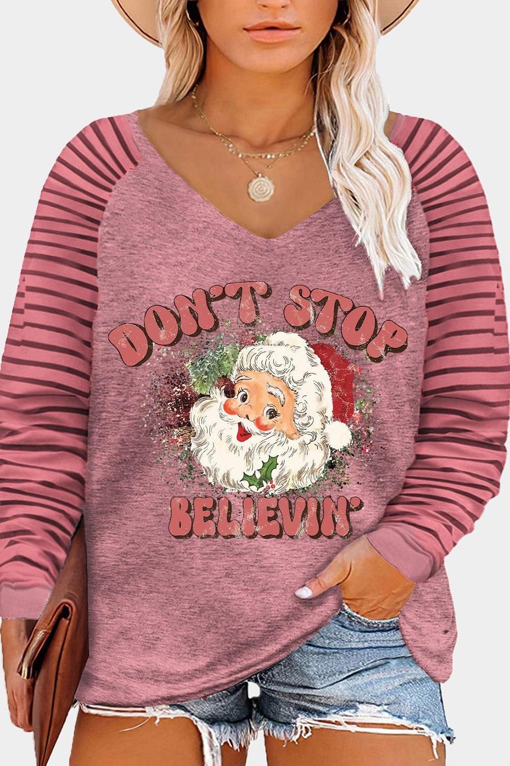 Plus Size DON'T STOP BELIEVIN Striped Long Sleeve T-Shirt-Jewearrings