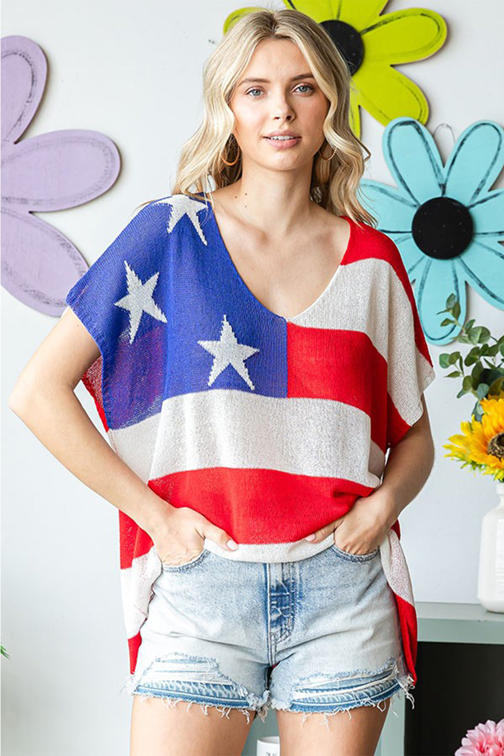 First Love Full Size USA Flag Drop Shoulder Knit Top-Jewearrings