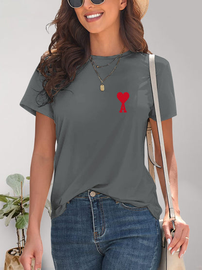 Heart Round Neck Short Sleeve T-Shirt-Jewearrings