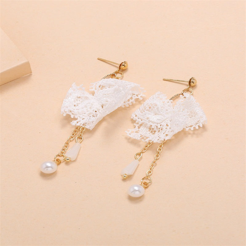 Japanese And Korean Lace Bow Tassel Sweet Earrings-Jewearrings