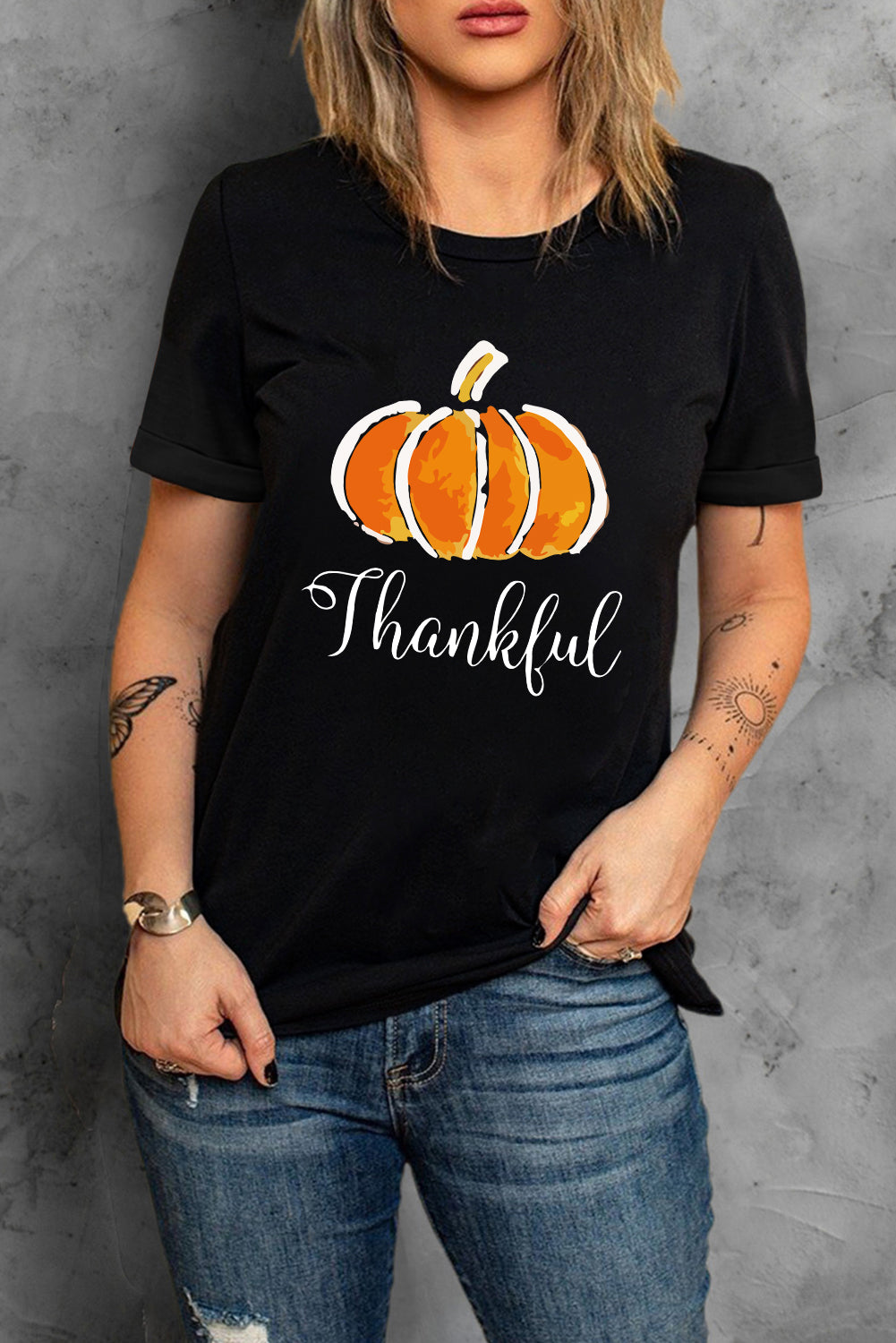 THANKFUL Round Neck Short Sleeve T-Shirt-Jewearrings