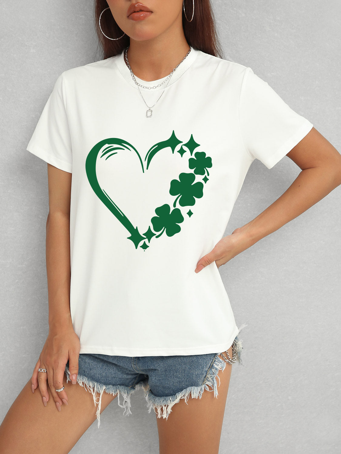 Heart Lucky Clover Round Neck Short Sleeve T-Shirt-Jewearrings