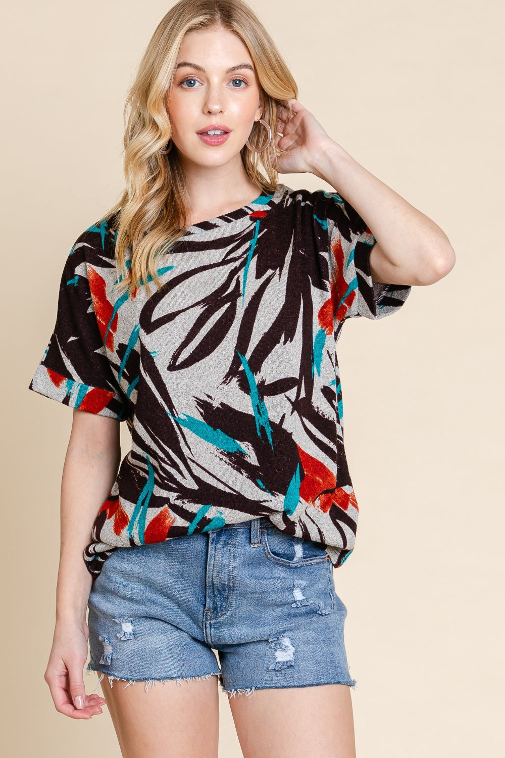 BOMBOM Printed Round Neck Short Sleeve T-Shirt-Jewearrings