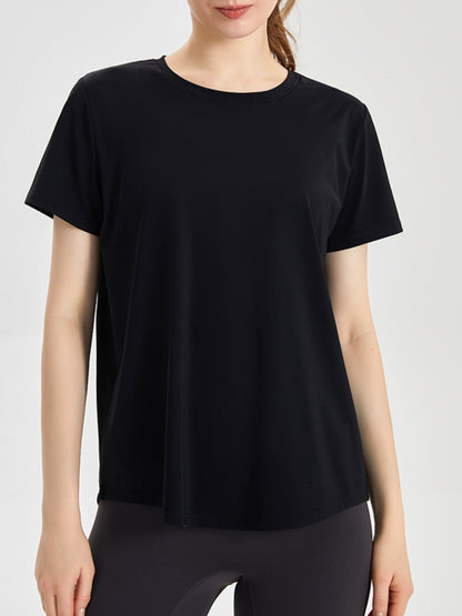 Slit Round Neck Short Sleeve Active T-Shirt-Jewearrings