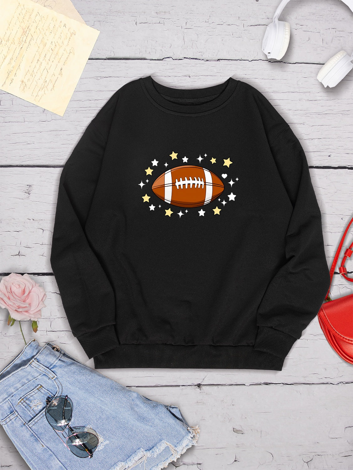 Football Graphic Round Neck Sweatshirt-Jewearrings