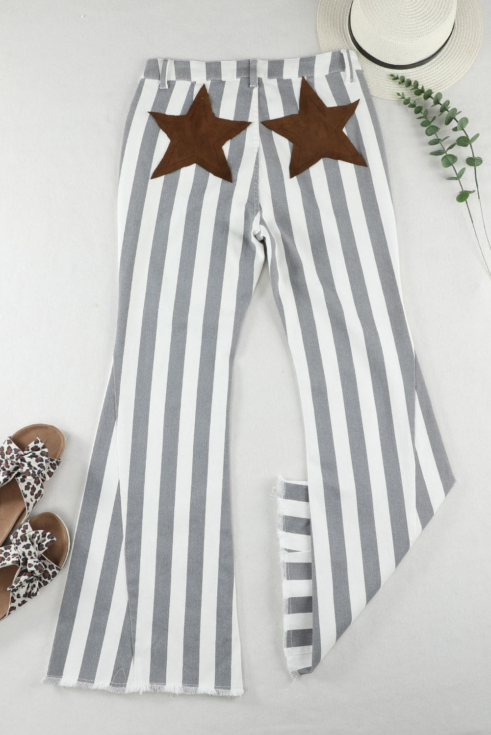 Raw Hem Star Applique Striped Jeans-Jewearrings