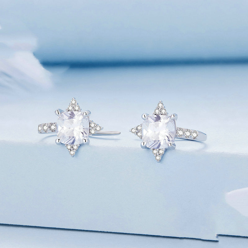 Sterling Silver Shining Ear Hook White Gold Plated Zircon Four-angle Star Bright Fashion Earrings Ear Studs-Jewearrings