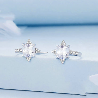 Sterling Silver Shining Ear Hook White Gold Plated Zircon Four-angle Star Bright Fashion Earrings Ear Studs-Jewearrings