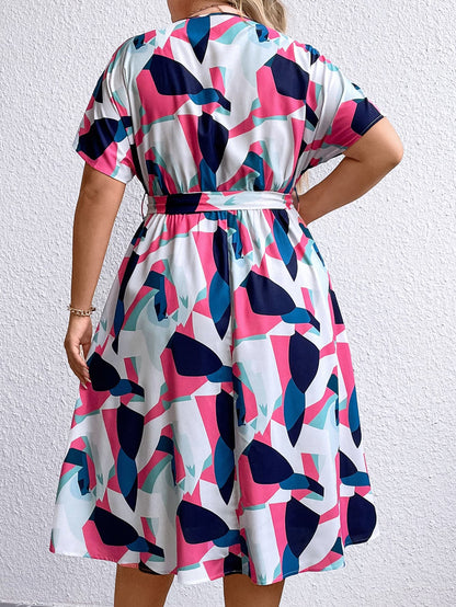 Plus Size Multicolored V-Neck Tie Waist Dress-Jewearrings