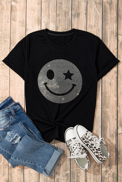 Rhinestone Smiley Round Neck Short Sleeve T-Shirt-Jewearrings