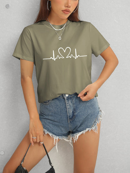 Heart Round Neck Short Sleeve T-Shirt-Jewearrings