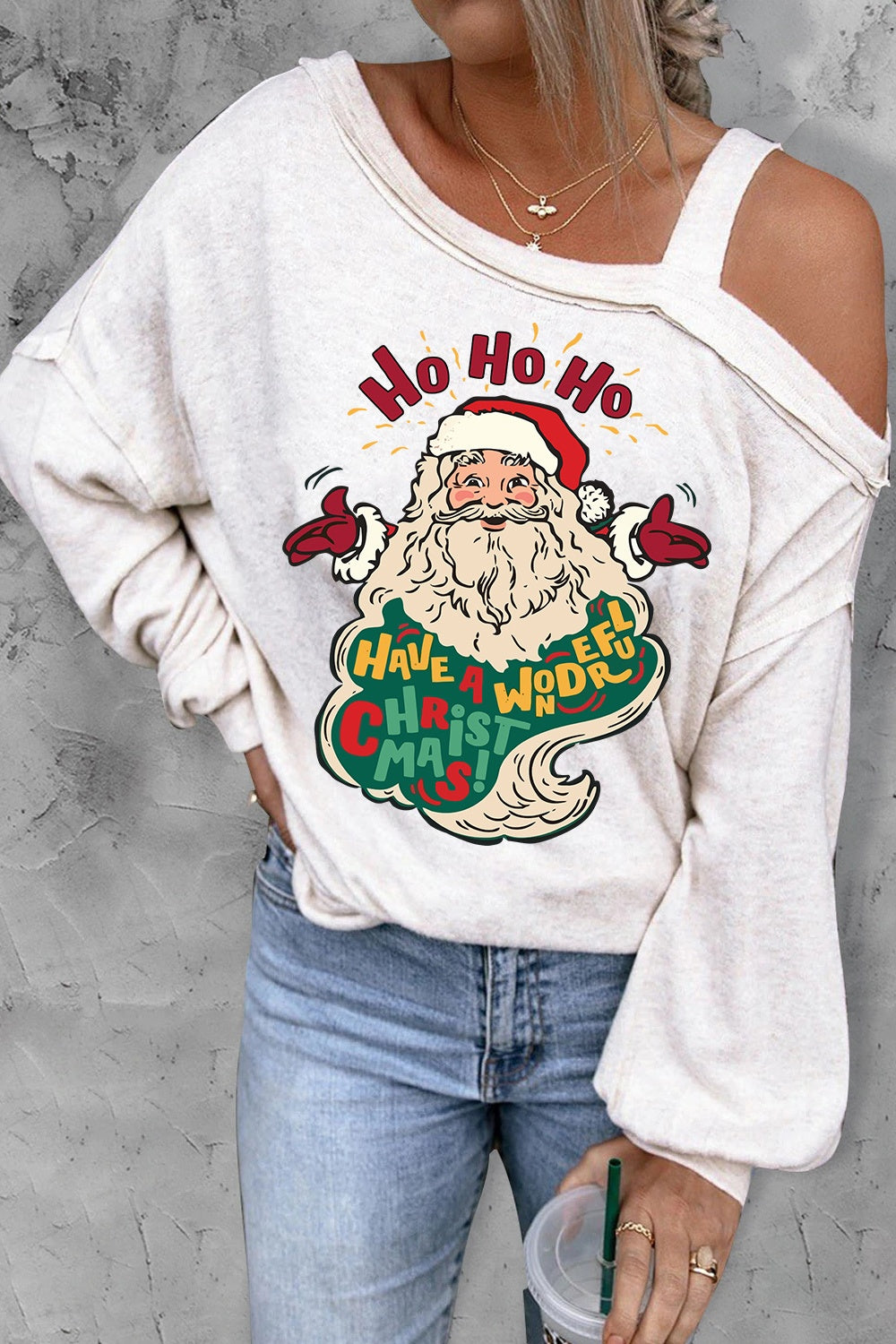 Santa Claus Graphic Asymmetrical Neck Long Sleeve Top-Jewearrings