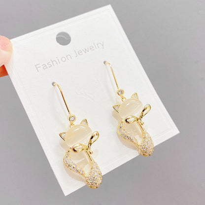 Opal Earrings Female Fox Earrings Sweet Temperament Long Style-Jewearrings