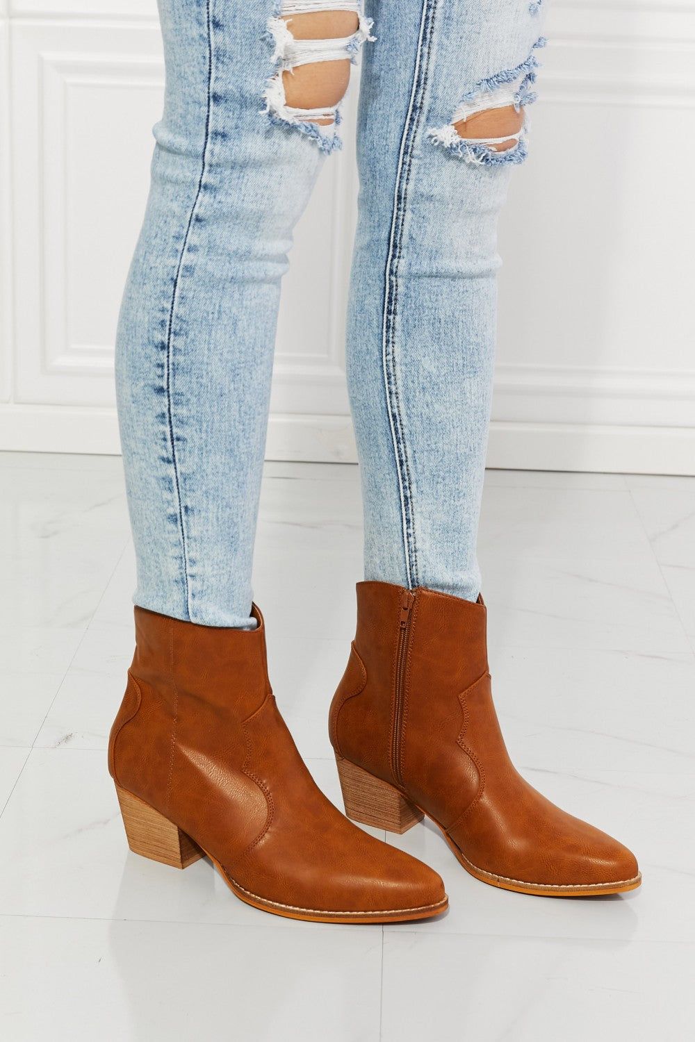 MMShoes Watertower Town Faux Leather Western Ankle Boots in Ochre-Jewearrings