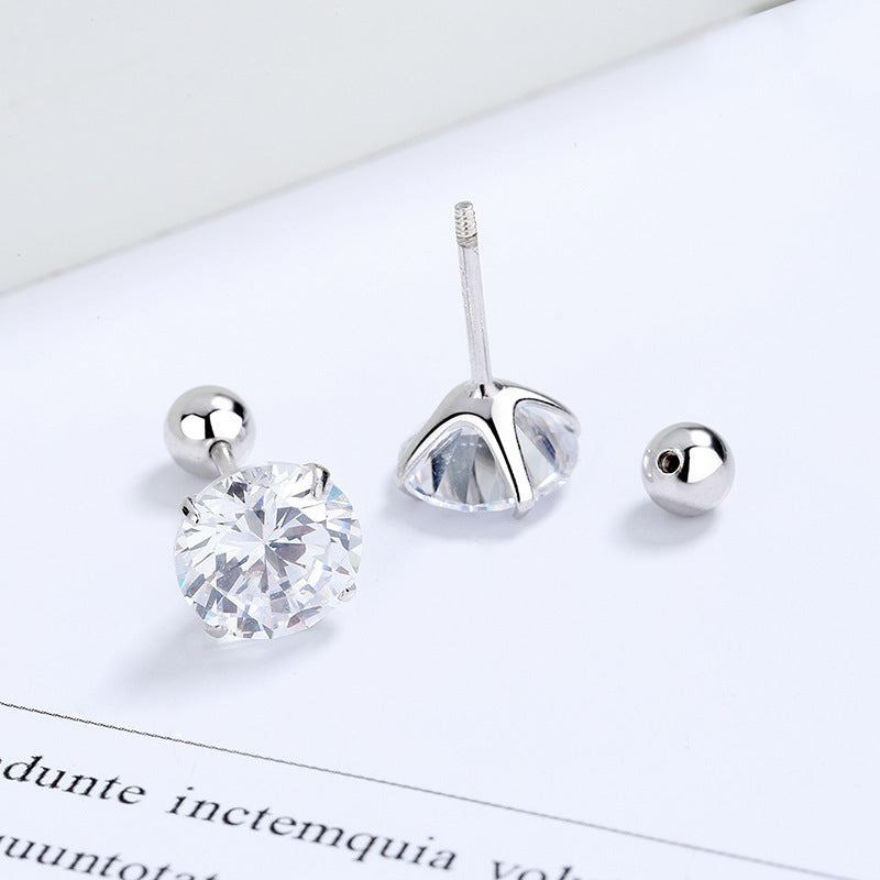 S925 Sterling Silver Zircon Four-claw Round Beads Thread Stud Earrings Female Screw Tightening Buckle Ear Bone Stud Simple Fashion Ear Jewelry-Jewearrings