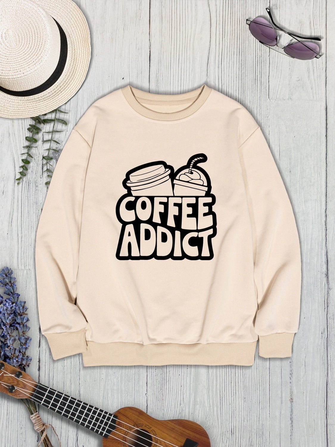 COFFEE ADDICT Round Neck Dropped Shoulder Sweatshirt-Jewearrings