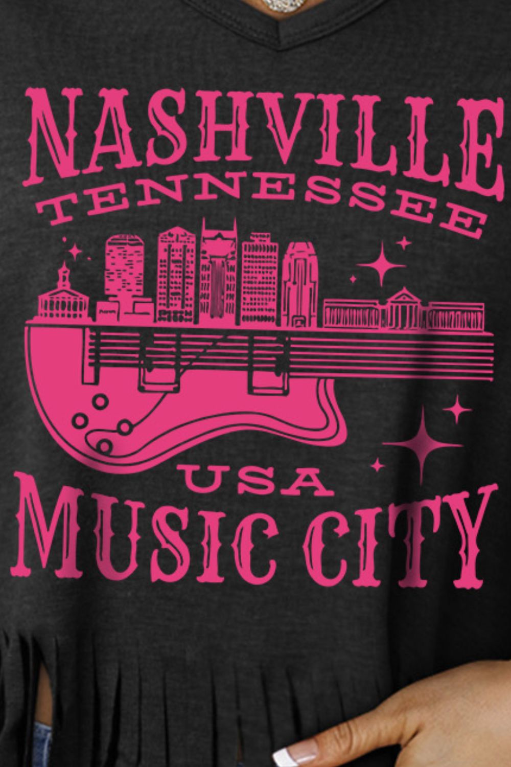 NASHVILLE TENNESSEE USA MUSIC CITY Graphic Fringe Hem Tee-Jewearrings