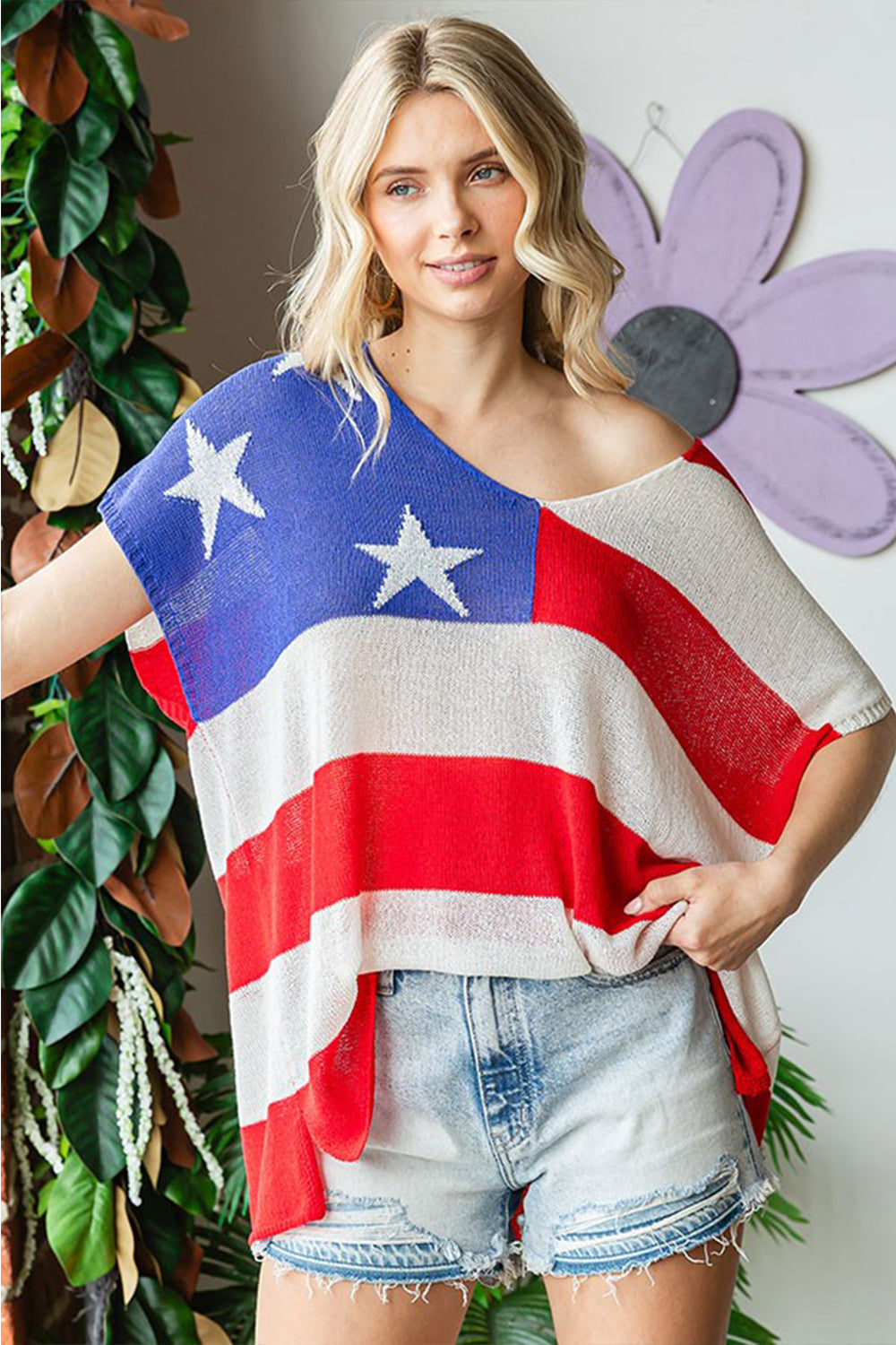 First Love Full Size USA Flag Drop Shoulder Knit Top-Jewearrings