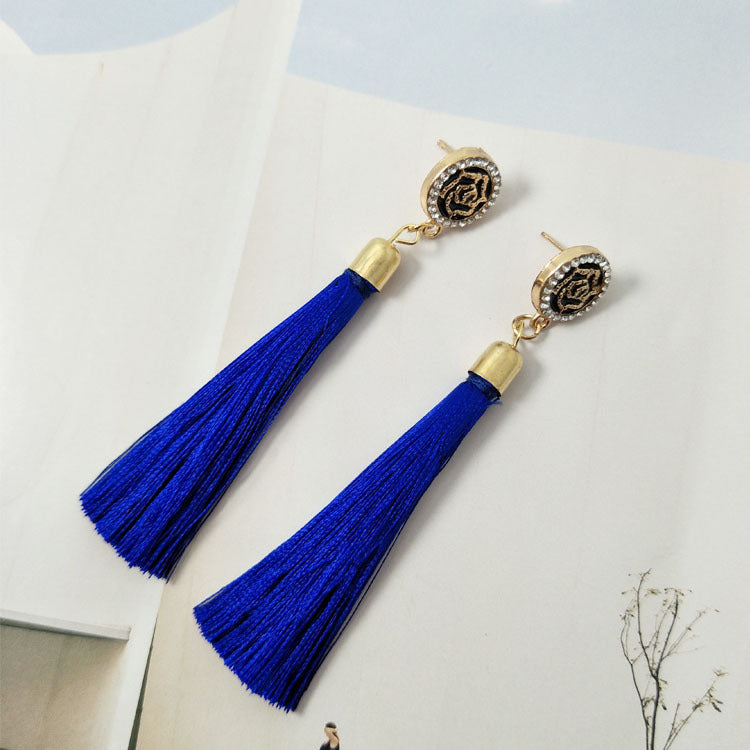 Fashion European And American Style Women's Exaggerated Long Dignified Flowers Camellia Tassel Stud Earrings For Women-Jewearrings