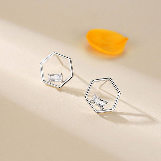 S925 Sterling Silver Hexagon Stud Earrings With Diamonds-Jewearrings