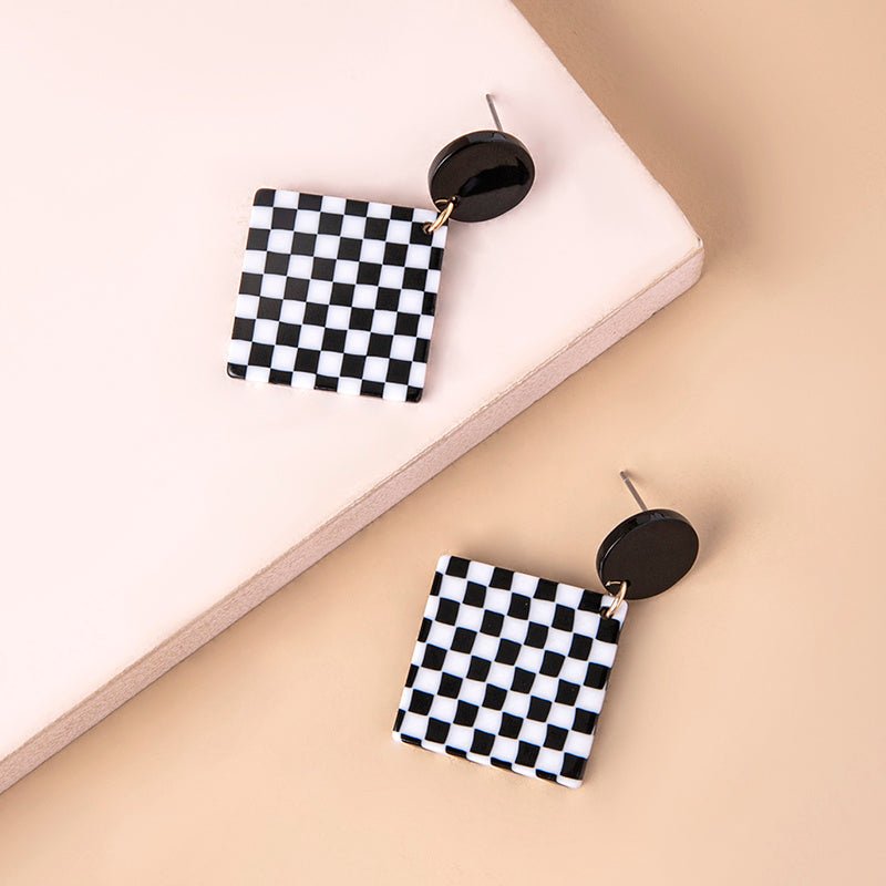 Chequered Print Square Acrylic Pendant Drop Earrings For Women-Jewearrings