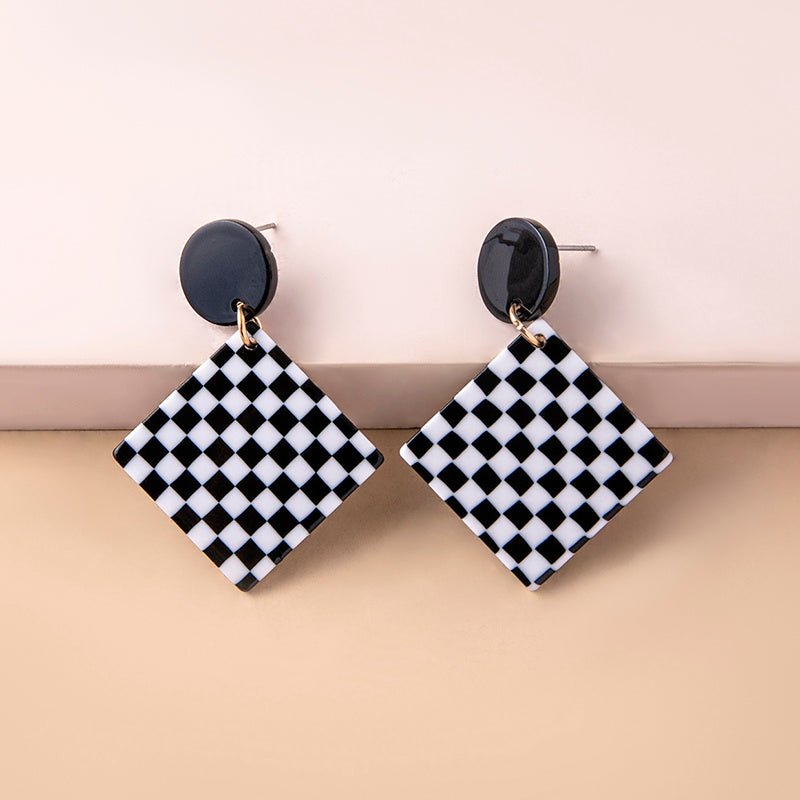 Chequered Print Square Acrylic Pendant Drop Earrings For Women-Jewearrings