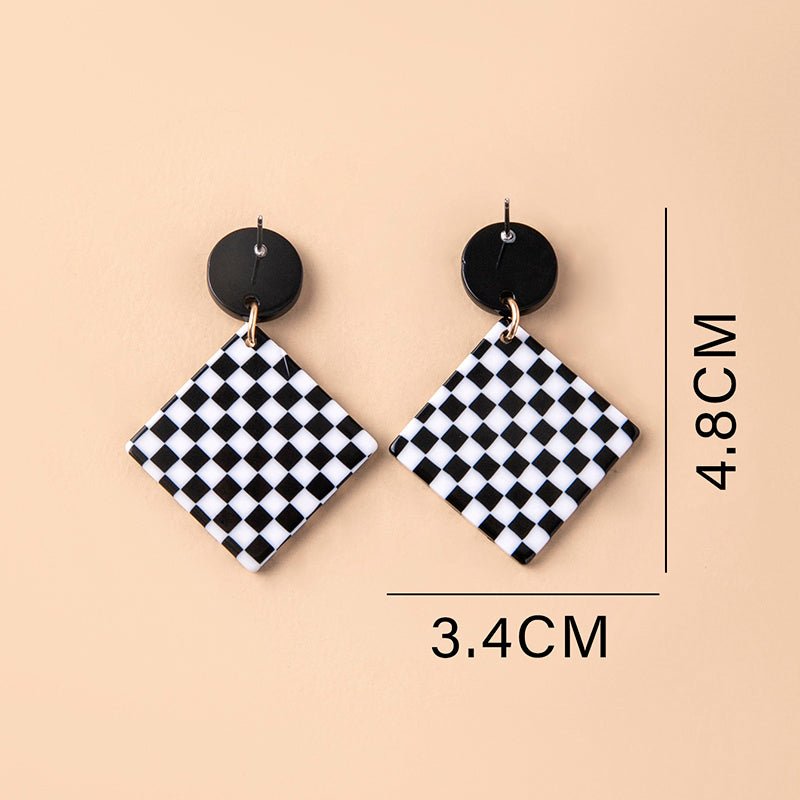 Chequered Print Square Acrylic Pendant Drop Earrings For Women-Jewearrings