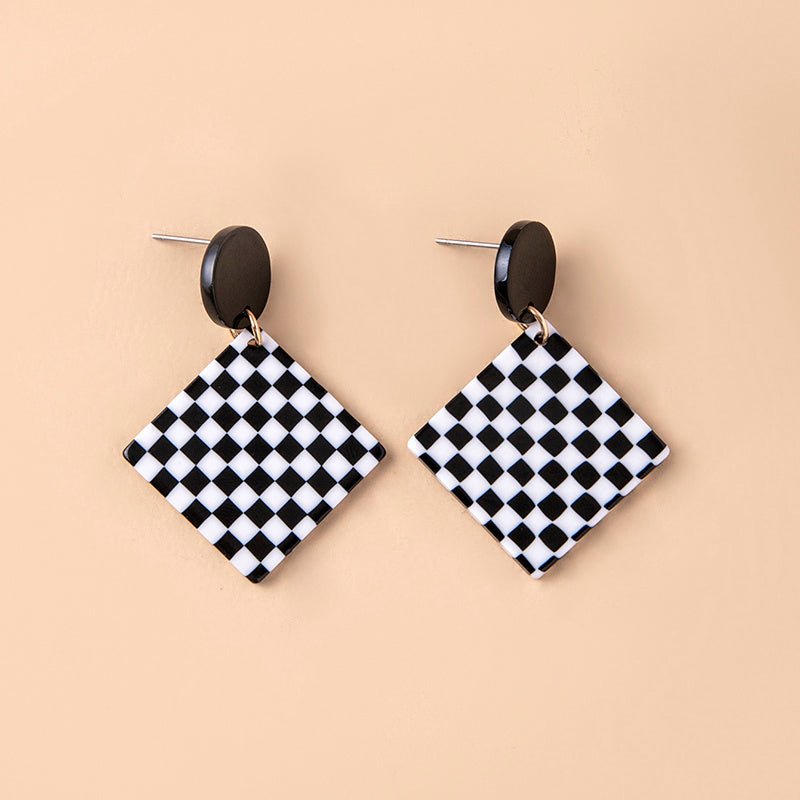 Chequered Print Square Acrylic Pendant Drop Earrings For Women-Jewearrings