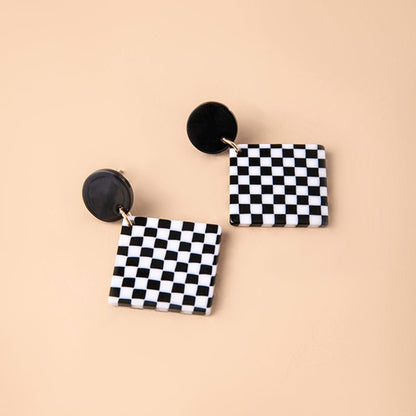 Chequered Print Square Acrylic Pendant Drop Earrings For Women-Jewearrings