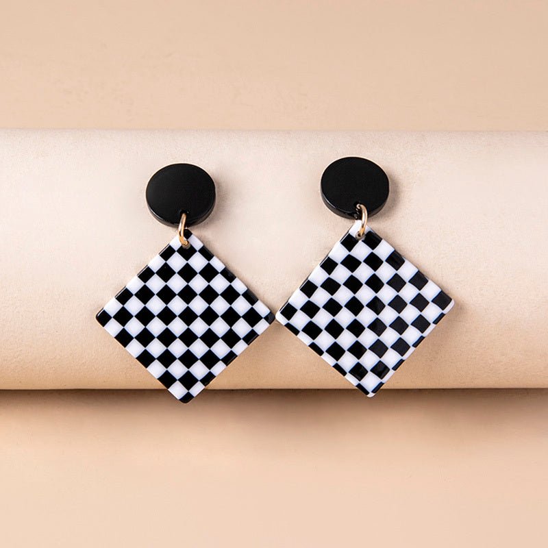 Chequered Print Square Acrylic Pendant Drop Earrings For Women-Jewearrings