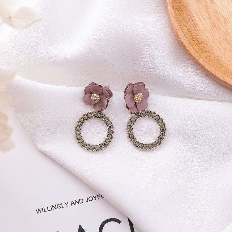 Cherry Blossom Tassel Earrings Flower Full Diamond Ring Stud Earrings Long Small Earrings-Jewearrings