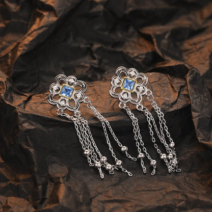 Chinese Knot Blue Zircon Stud Versatile Personality Lace Texture Earrings-Jewearrings