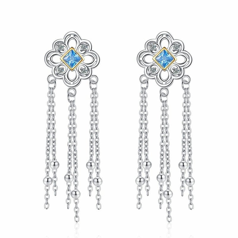 Chinese Knot Blue Zircon Stud Versatile Personality Lace Texture Earrings-Jewearrings