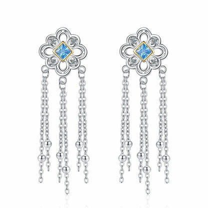 Chinese Knot Blue Zircon Stud Versatile Personality Lace Texture Earrings-Jewearrings