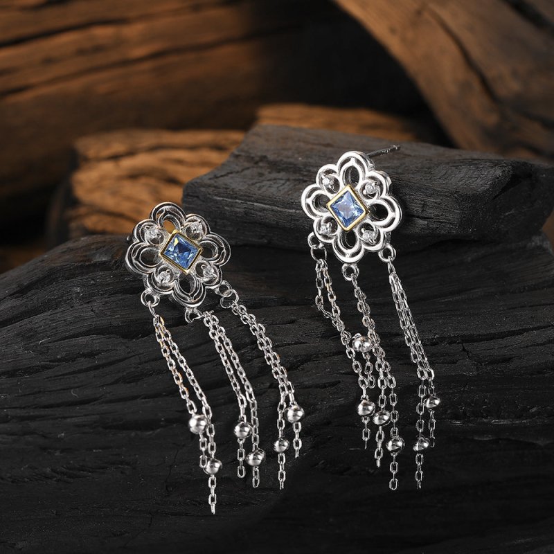 Chinese Knot Blue Zircon Stud Versatile Personality Lace Texture Earrings-Jewearrings