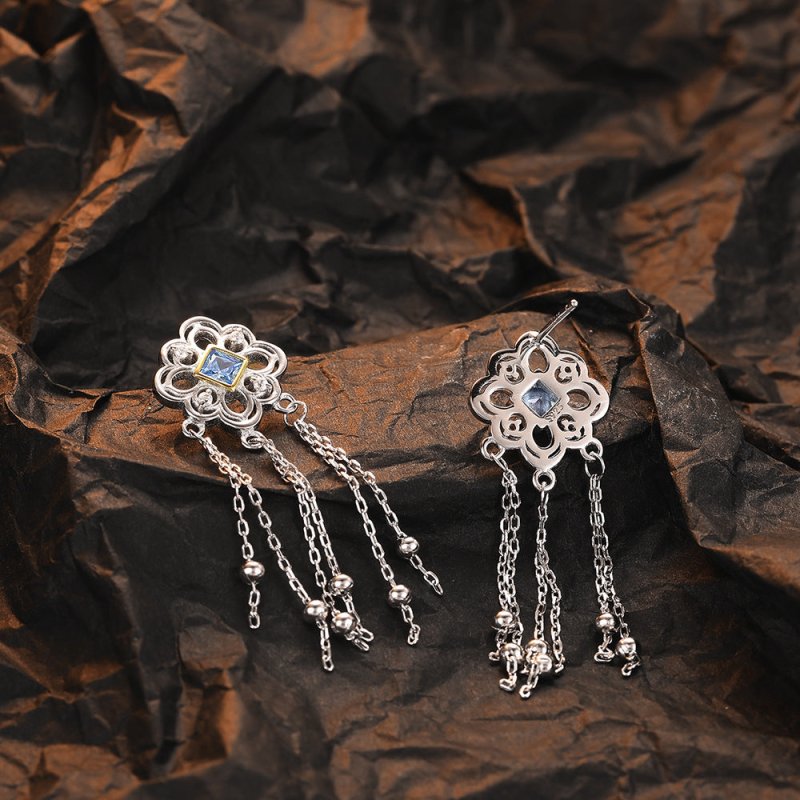 Chinese Knot Blue Zircon Stud Versatile Personality Lace Texture Earrings-Jewearrings