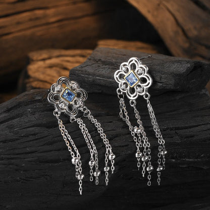 Chinese Knot Blue Zircon Stud Versatile Personality Lace Texture Earrings-Jewearrings