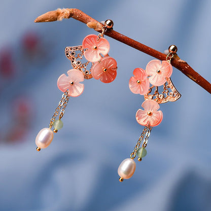 Chinese Style Gold Plated Ginkgo Leaf Pearl Mori Earrings-Jewearrings